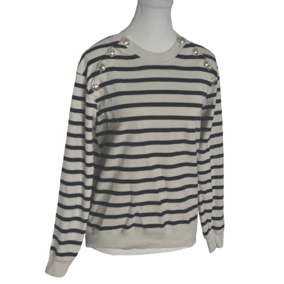 Cotton DEREK LAM IO Navy & Cream Knit Top Sweater Shirt Designer Gold Buttons SM - Picture 2 of 11